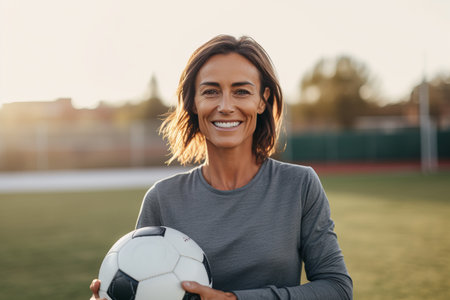 Portrait of smiling woman holding soccer ball while standing on sports fieldの素材