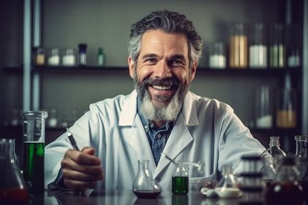 Portrait of senior male scientist working in laboratory. He is looking at camera and smiling. science conceptの素材