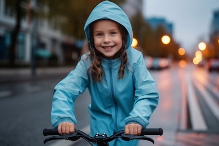 Portrait of a smiling little girl in a blue raincoat riding a bicycle in the city.の素材