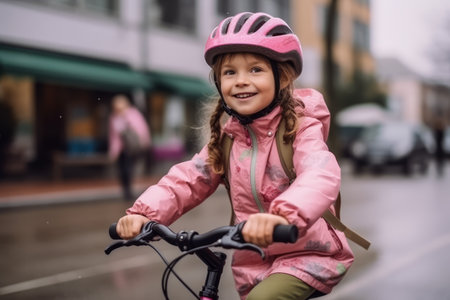 happy little girl in helmet riding bicycle on street and looking at cameraの素材