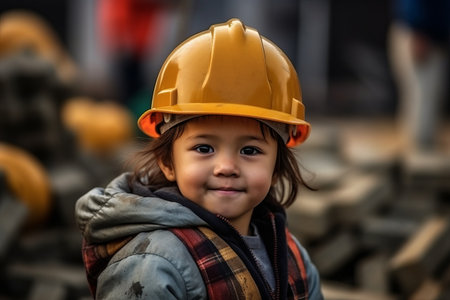 Portrait of a cute little boy in a construction site wearing a helmetの素材