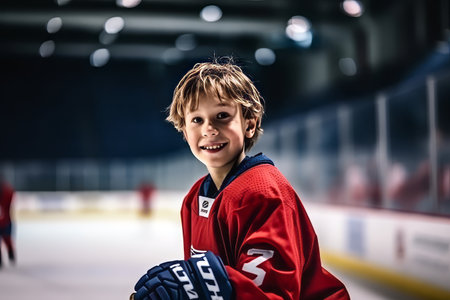Little boy with hockey stick on ice court. He is smiling and looking at camera.の素材