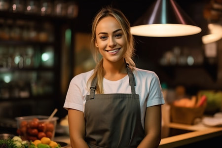 portrait of smiling waitress in apron standing at counter in restaurantの素材