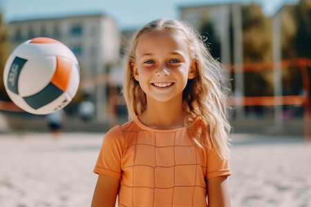 cute little girl playing volleyball on the beach, summer vacation conceptの素材
