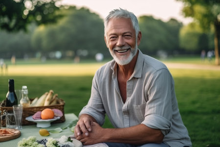 Portrait of happy senior man sitting at table in park and smilingの素材