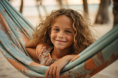 Portrait of cute little girl relaxing in hammock on tropical beachの素材