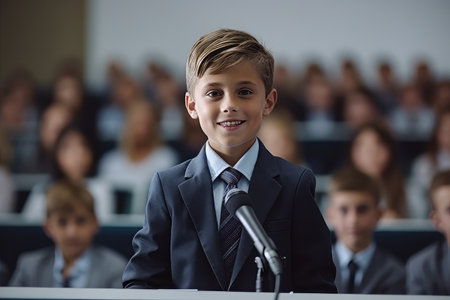 Portrait of schoolboy standing at microphone during seminar in conference hallの素材