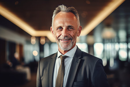 Portrait of a smiling senior businessman in a suit in a modern office.の素材