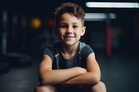 Portrait of a cute little boy sitting on the floor in the gym.の素材