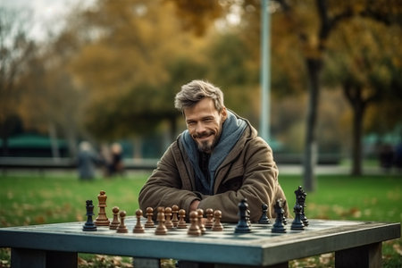 Portrait of a senior man playing chess in an autumn park.の素材