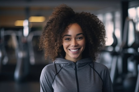 Portrait of smiling african american woman in sportswear at gymの素材
