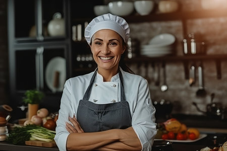Cheerful female chef standing with crossed arms and looking at cameraの素材