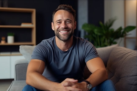 Portrait of a smiling young man sitting on a sofa at homeの素材