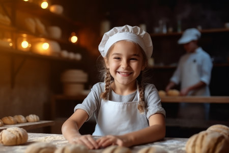 Cute little girl wearing chef uniform and smiling while cooking pastry in bakeryの素材