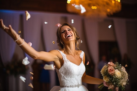 Beautiful bride in a white wedding dress with a bouquet of flowersの素材