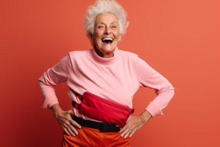 Portrait of a happy senior woman with a red bag on a red backgroundの素材