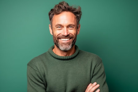 smiling middle aged man in green sweater looking at camera isolated on greenの素材