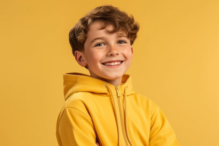 smiling boy in yellow hoodie looking at camera isolated on yellowの素材