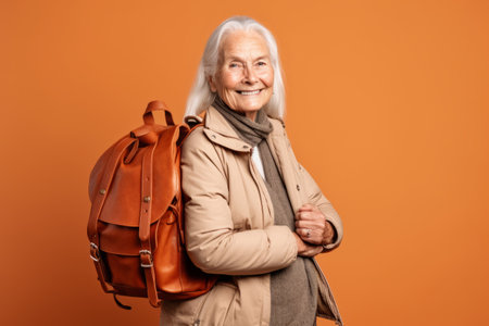 Portrait of a smiling senior woman with a backpack against orange backgroundの素材