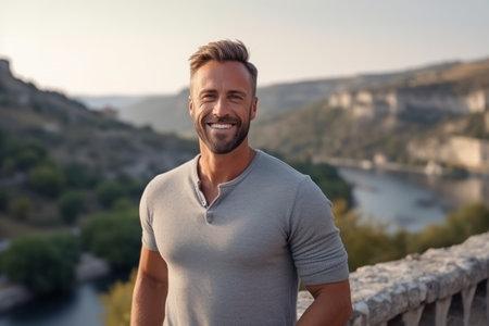 Portrait of a smiling man standing on the bridge over the riverの素材
