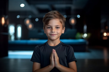Portrait of smiling little boy with hands in namaste gestureの素材