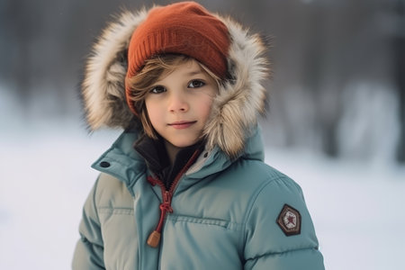Portrait of a cute little boy in a warm jacket and hat in the winter forestの素材