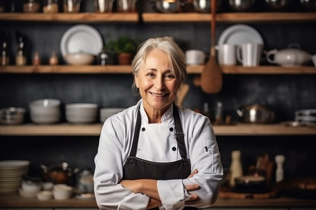 Portrait of smiling senior female chef standing with arms crossed in kitchenの素材