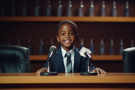 Portrait of a smiling African-American boy sitting at a table in a courtroomの素材