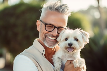 smiling mature man in eyeglasses holding cute dog in parkの素材
