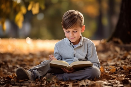 Cute little boy reading a book in the autumn park. Education concept.の素材