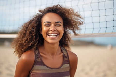 Portrait of a smiling young african american woman playing volleyball on the beachの素材