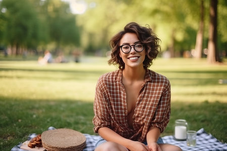 happy young woman in eyeglasses smiling while sitting on blanket in parkの素材