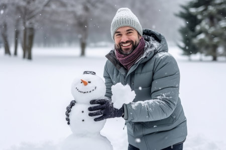Man making a snowman in the park. Winter holidays concept.の素材