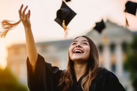 Close up portrait of a happy graduate girl in cap and gown with raised handsの素材
