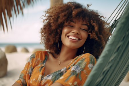 Beautiful african american woman with afro hairstyle lying in hammock on the beach.の素材