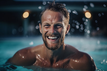 Portrait of a smiling man in the swimming pool at night.の素材