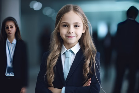 portrait of little girl in business suit looking at camera in officeの素材