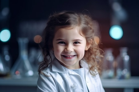 Portrait of cute little girl in lab coat smiling and looking at cameraの素材