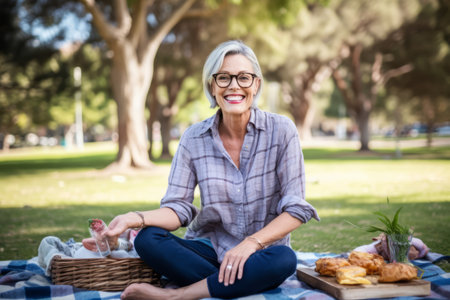 Portrait of smiling senior woman having picnic in park on a sunny dayの素材