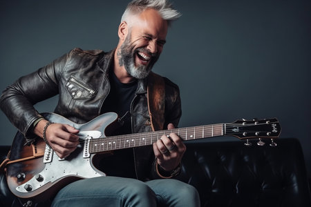 Handsome bearded man playing electric guitar and smiling while sitting on leather sofaの素材