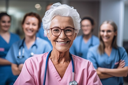 Portrait of smiling senior woman with her team in background at hospitalの素材