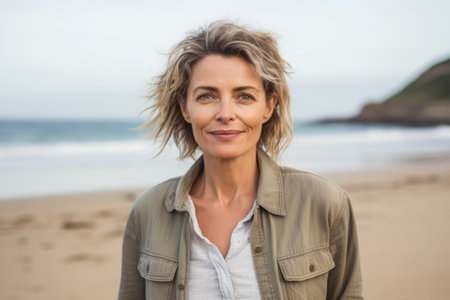 Portrait of smiling woman standing on the beach at the day timeの素材