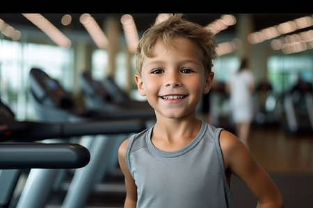 Portrait of smiling boy standing on treadmill in fitness center. Focus on boyの素材