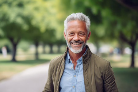 Portrait of a smiling senior man standing in the park and looking at the cameraの素材