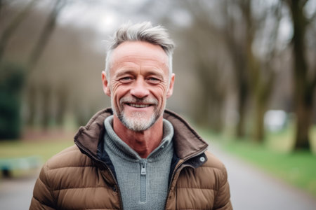 Portrait of smiling senior man in park on a cold winter dayの素材