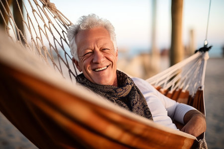 Portrait of happy senior man relaxing in hammock on the beachの素材