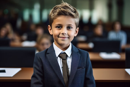 Portrait of smiling schoolboy sitting in classroom at school during lessonの素材