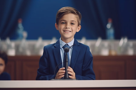 selective focus of boy in suit sitting at table and holding microphoneの素材