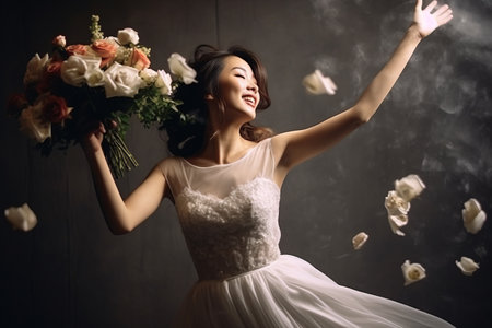 Beautiful asian woman in white wedding dress with bouquet of flowersの素材
