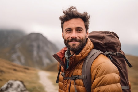 Handsome young man with backpack hiking in mountains. Travel and adventure concept.の素材